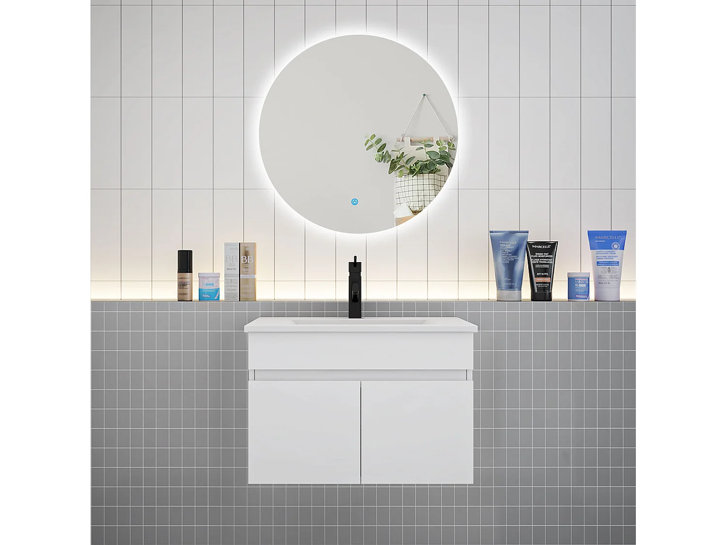 Ensemble meuble vasque L.60cm lavabo + LED miroir rond 60cm,blanc