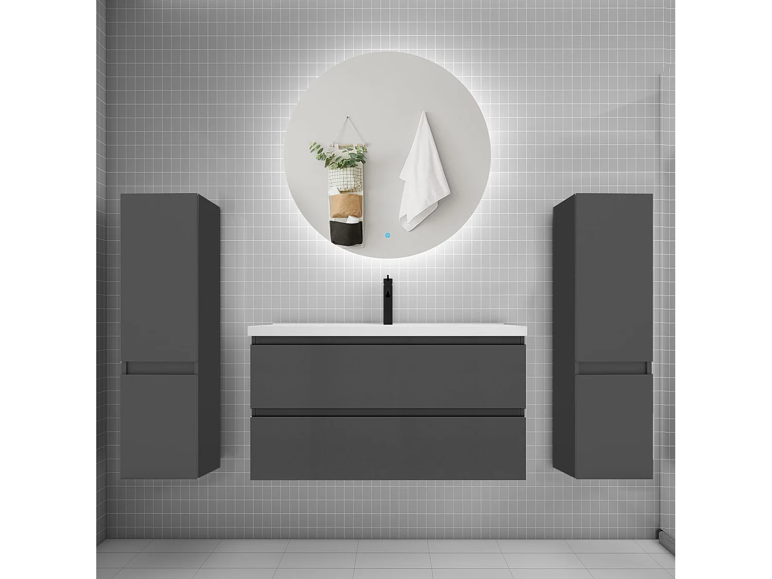 Ensemble meuble vasque L.100cm 2 tiroirs + lavabo + colonne + miroir rond 100cm,anthracite
