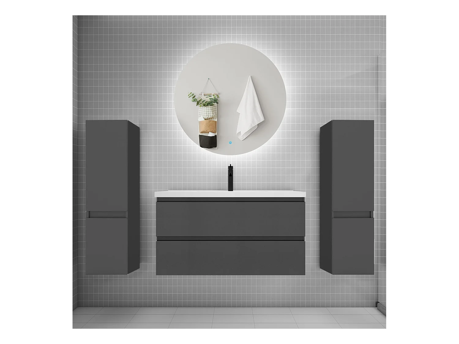 Ensemble meuble vasque L.100cm 2 tiroirs + lavabo + colonne + miroir rond 100cm,anthracite