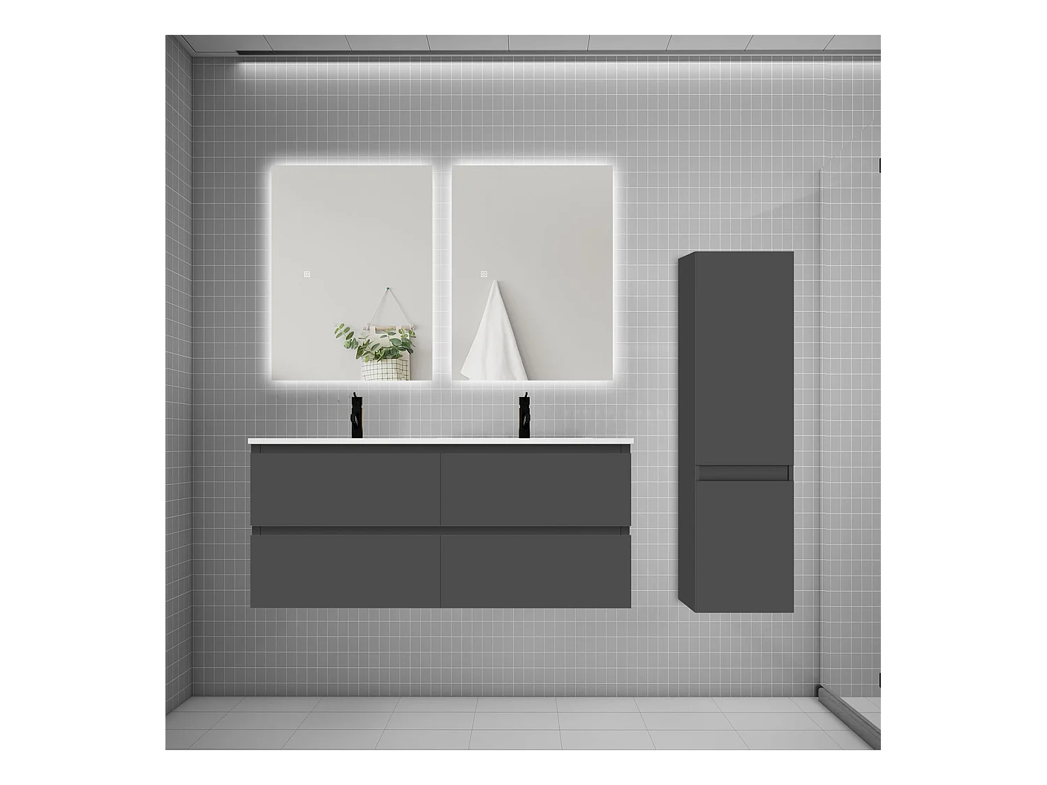 Ensemble meuble double vasque 120cm 2 tiroirs + lavabo + colonne + miroir,anthracite