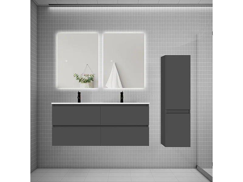 Ensemble meuble double vasque 120cm 2 tiroirs + lavabo + colonne + miroir,anthracite