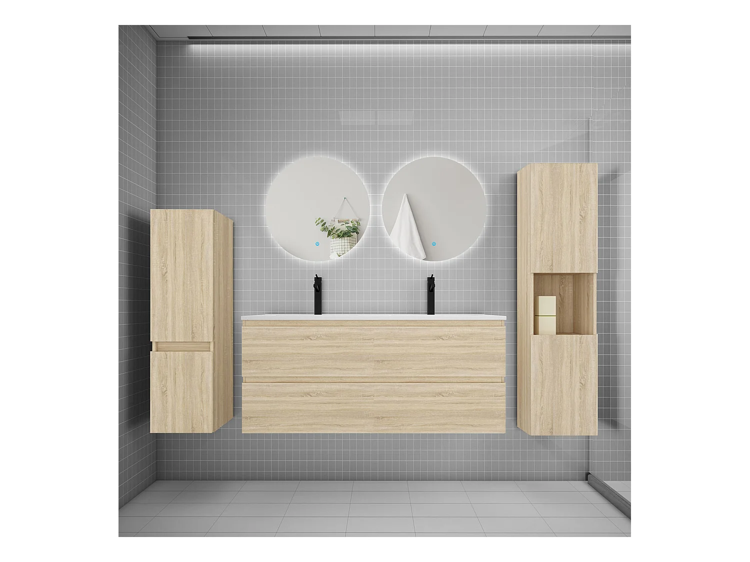 Ensemble meuble vasque L.120cm 2 tiroirs + lavabo + colonne + miroir rond mural 60cm,chêne