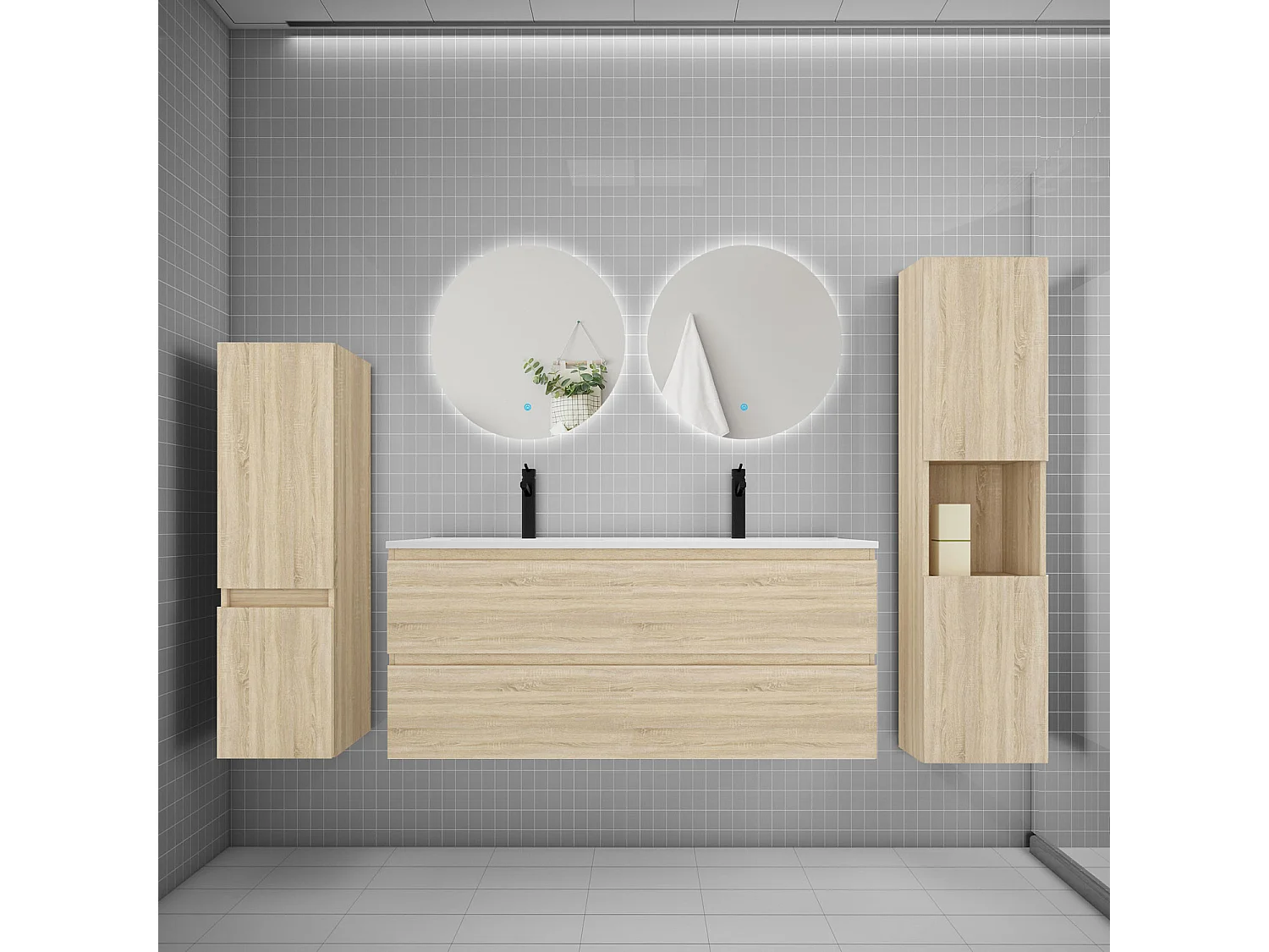 Ensemble meuble vasque L.120cm 2 tiroirs + lavabo + colonne + miroir rond mural 60cm,chêne