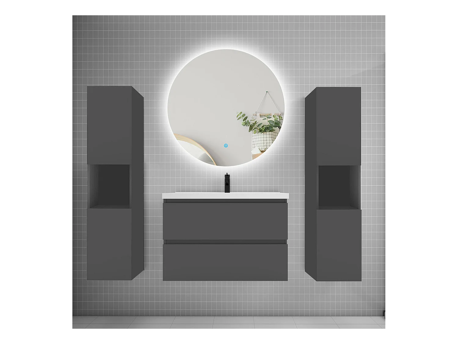 Ensemble meuble vasque L.80cm 2 tiroirs + lavabo + colonne + LED miroir rond 80cm,anthracite