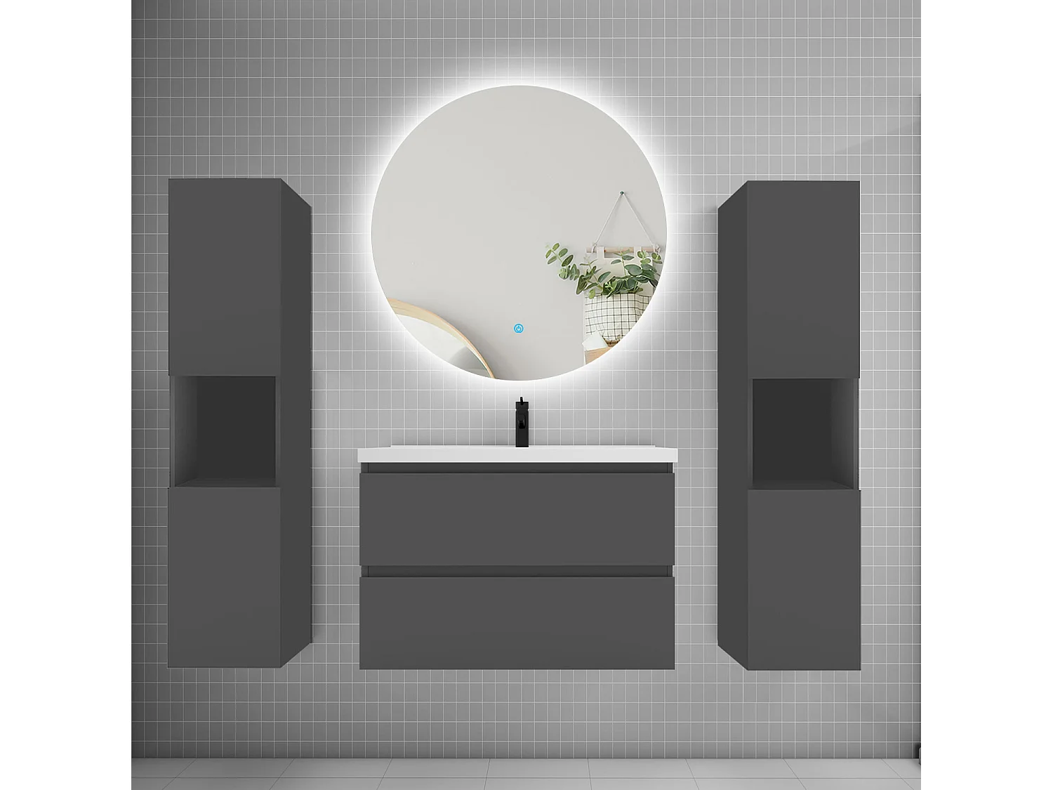 Ensemble meuble vasque L.80cm 2 tiroirs + lavabo + colonne + LED miroir rond 80cm,anthracite