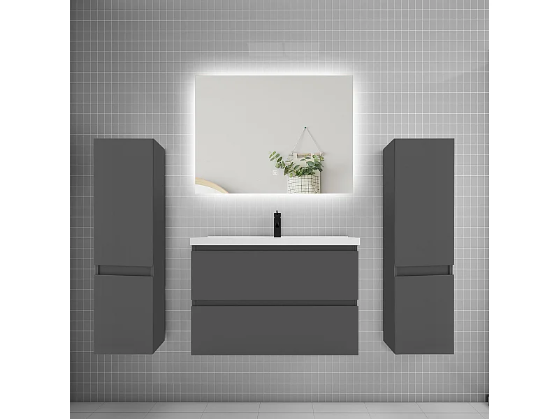 Ensemble meuble vasque L.80cm 2 tiroirs + lavabo + colonne + miroir 80cm,anthracite