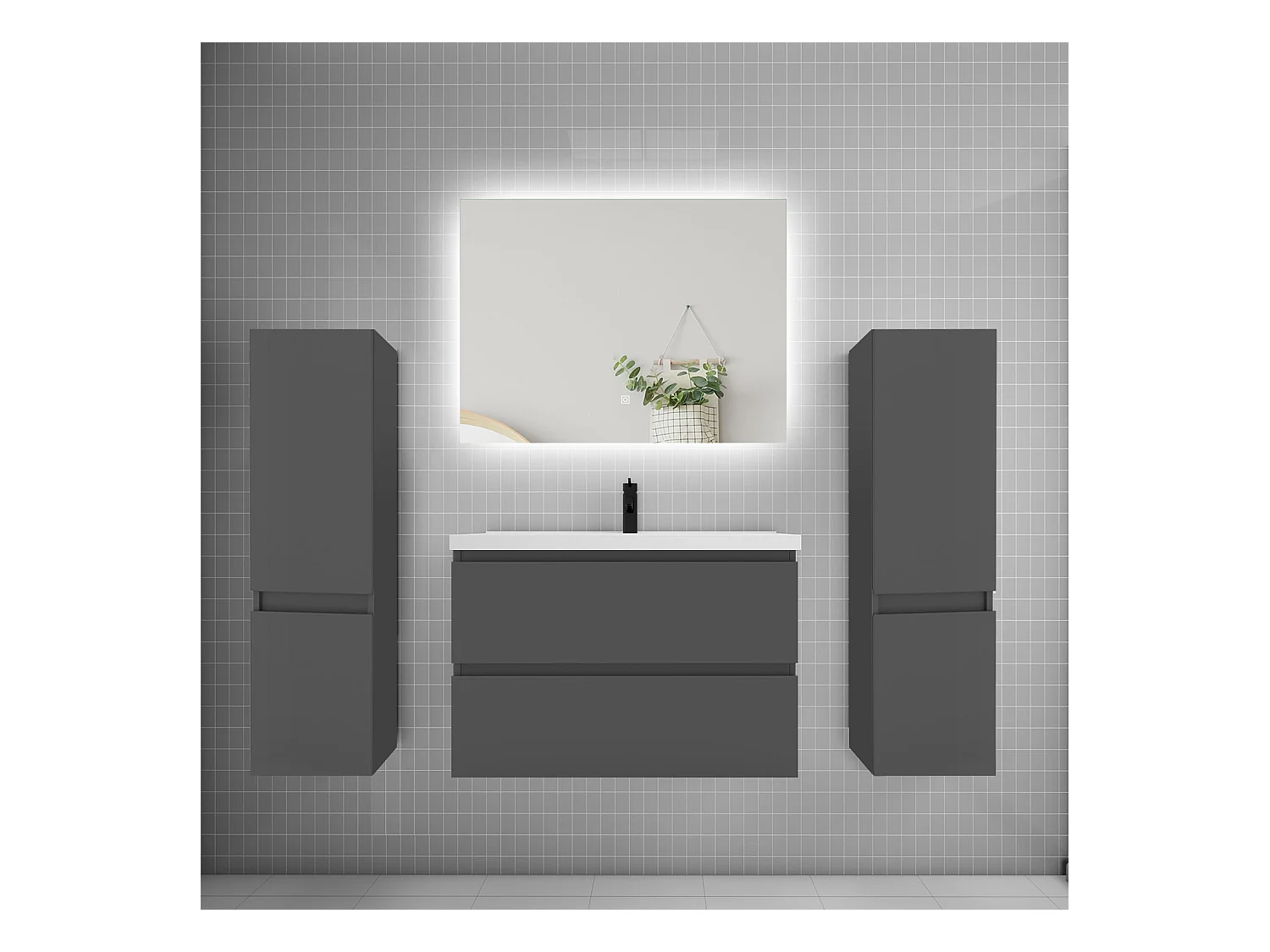 Ensemble meuble vasque L.80cm 2 tiroirs + lavabo + colonne + miroir 80cm,anthracite