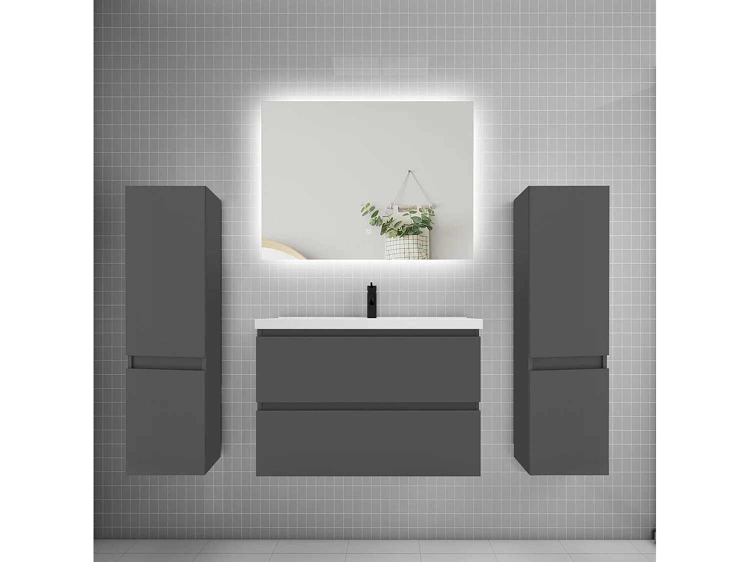 Ensemble meuble vasque L.80cm 2 tiroirs + lavabo + colonne + miroir 80cm,anthracite