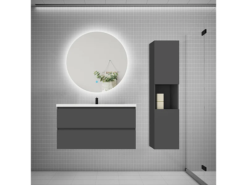 Ensemble meuble vasque 100cm 2 tiroirs + lavabo + colonne + miroir rond,anthracite