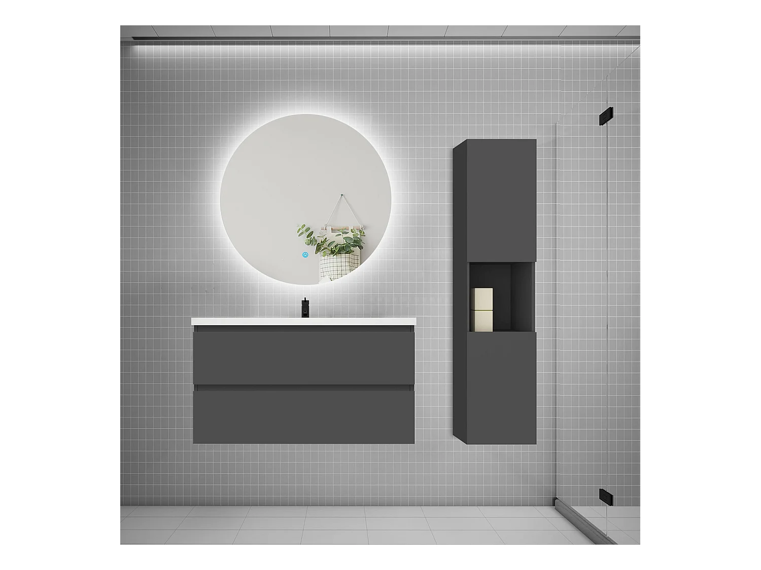 Ensemble meuble vasque 100cm 2 tiroirs + lavabo + colonne + miroir rond,anthracite