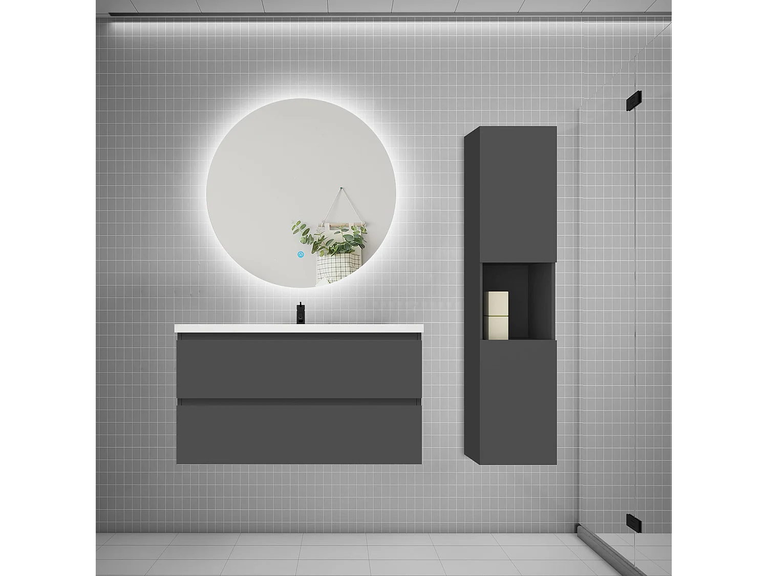 Ensemble meuble vasque 100cm 2 tiroirs + lavabo + colonne + miroir rond,anthracite