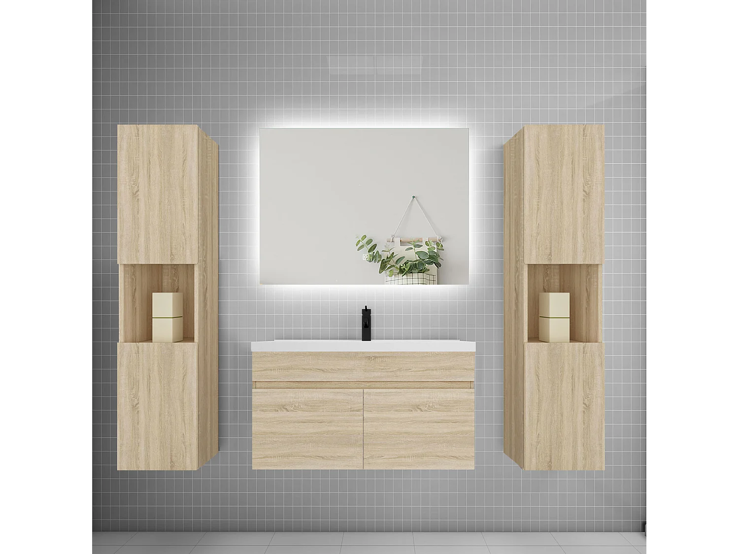 Ensemble meuble vasque L.80cm lavabo + colonne + LED miroir 80cm,chêne