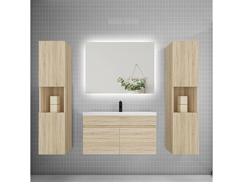 Ensemble meuble vasque L.80cm lavabo + colonne + LED miroir 80cm,chêne