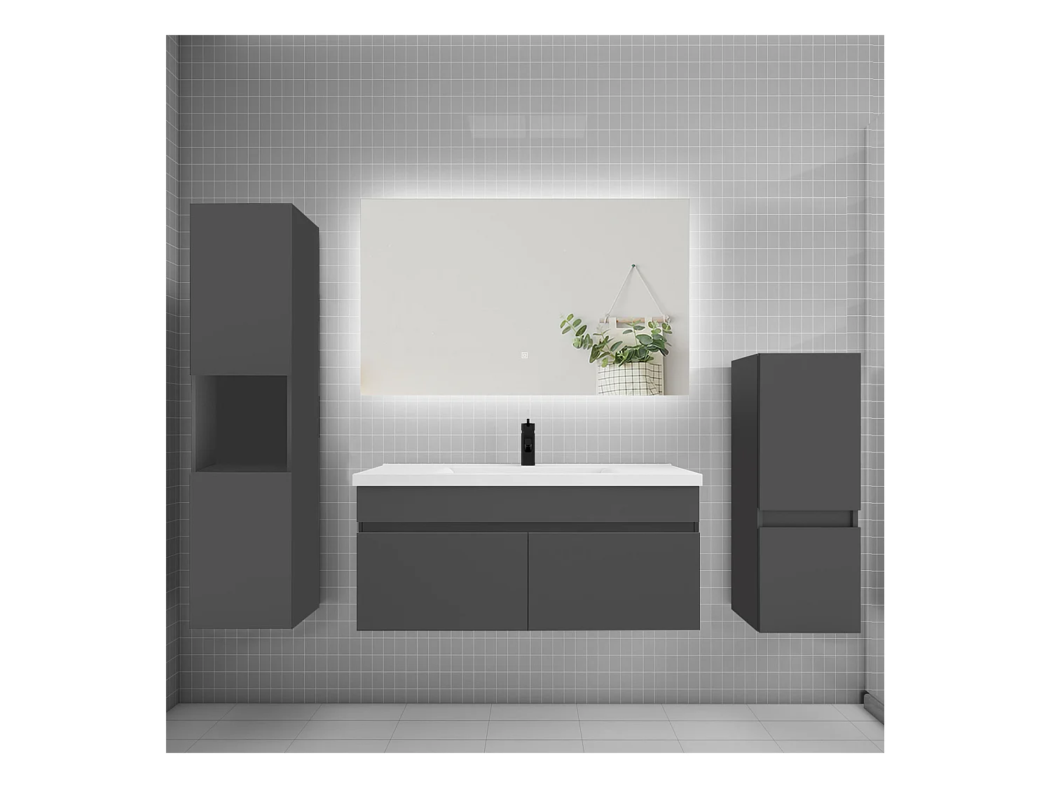Ensemble meuble vasque L.100cm lavabo + colonne + miroir,anthracite
