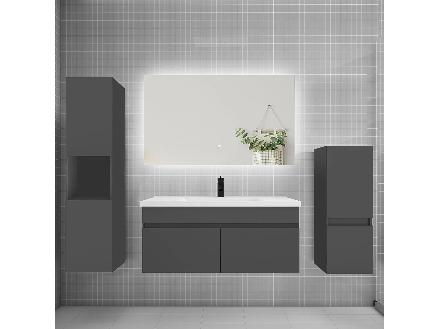 Ensemble meuble vasque L.100cm lavabo + colonne + miroir,anthracite