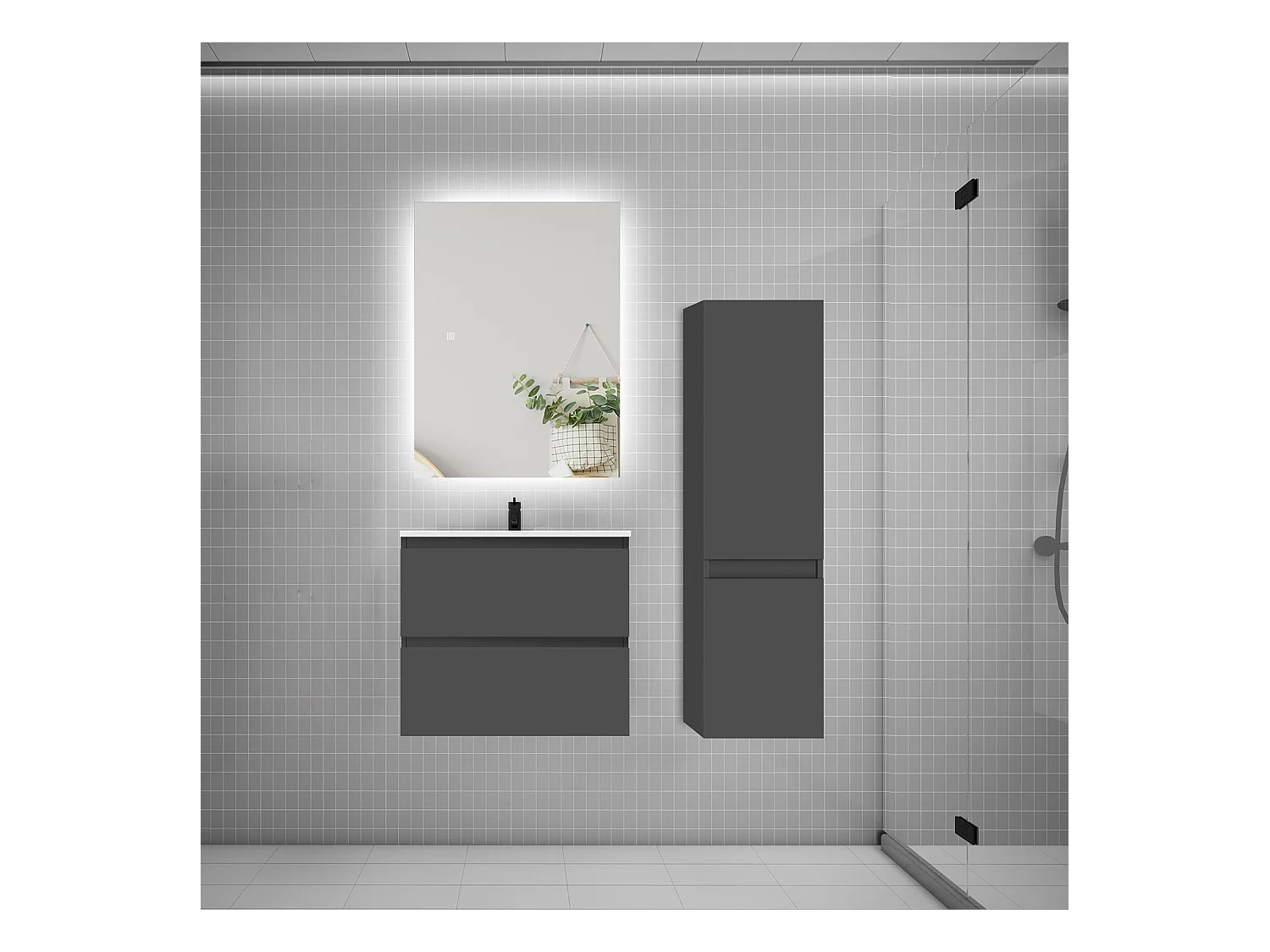 Ensemble meuble simple vasque 60cm 2 tiroirs + lavabo + colonne + miroir,anthracite