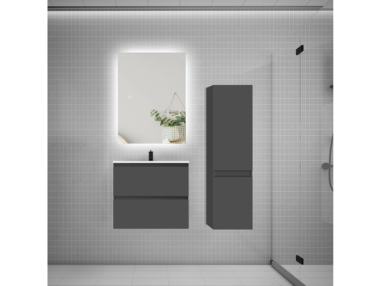 Ensemble meuble simple vasque 60cm 2 tiroirs + lavabo + colonne + miroir,anthracite