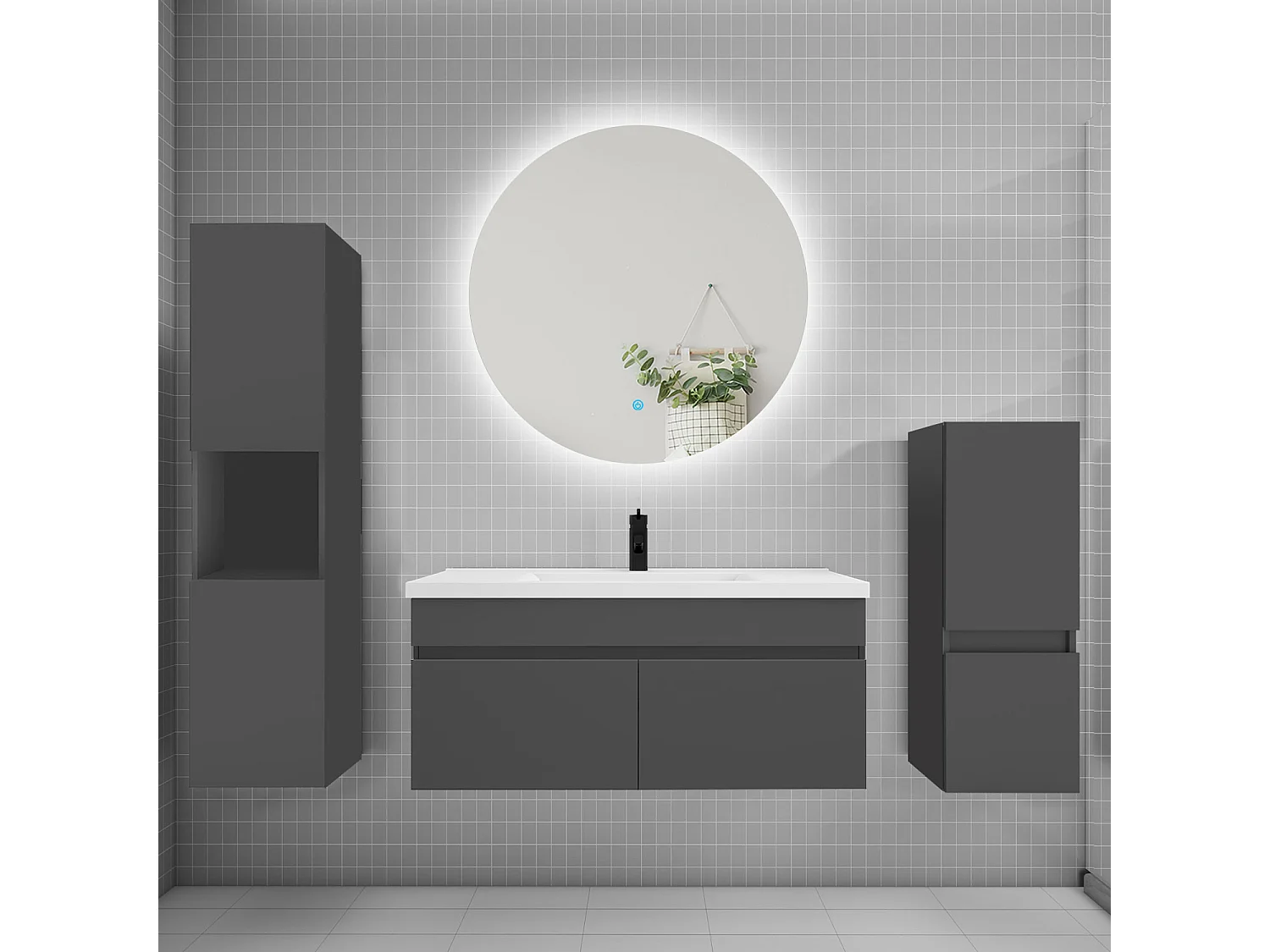 Ensemble meuble vasque L.100cm lavabo + colonne + miroir rond,anthracite