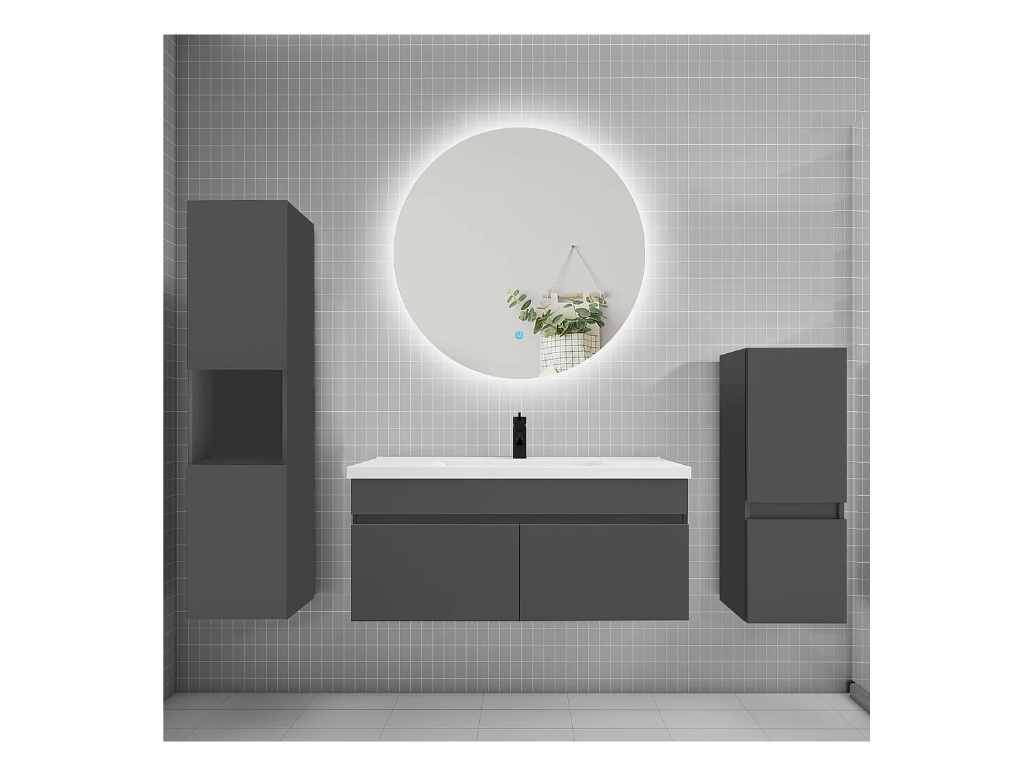 Ensemble meuble vasque L.100cm lavabo + colonne + miroir rond,anthracite