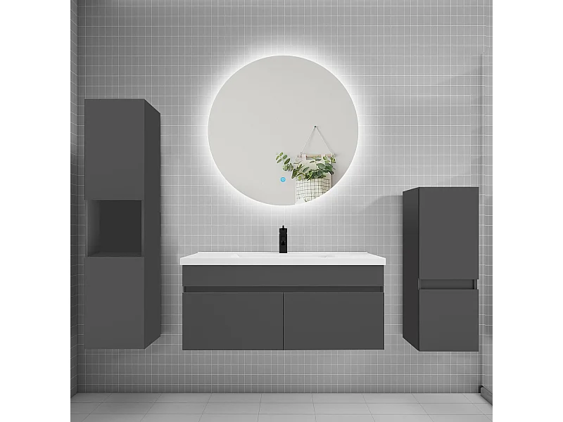 Ensemble meuble vasque L.100cm lavabo + colonne + miroir rond,anthracite