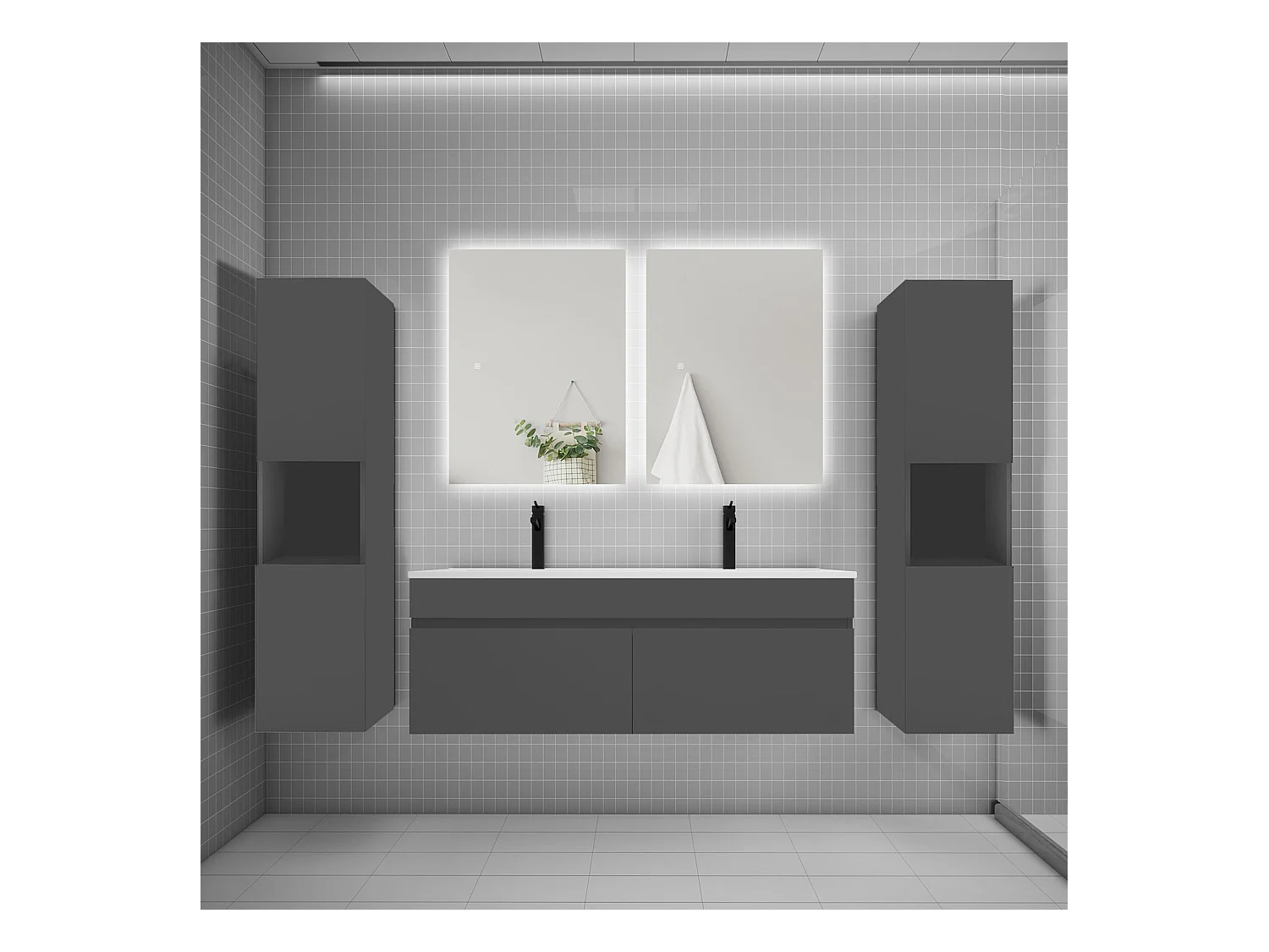 Ensemble meuble vasque L.120cm lavabo + colonne + LED miroir 60cm,anthracite