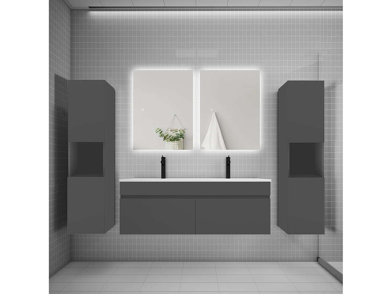 Ensemble meuble vasque L.120cm lavabo + colonne + LED miroir 60cm,anthracite