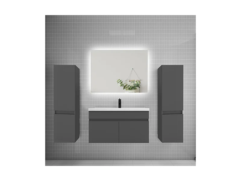 Ensemble meuble vasque L.80cm lavabo + colonne + miroir 80cm,anthracite