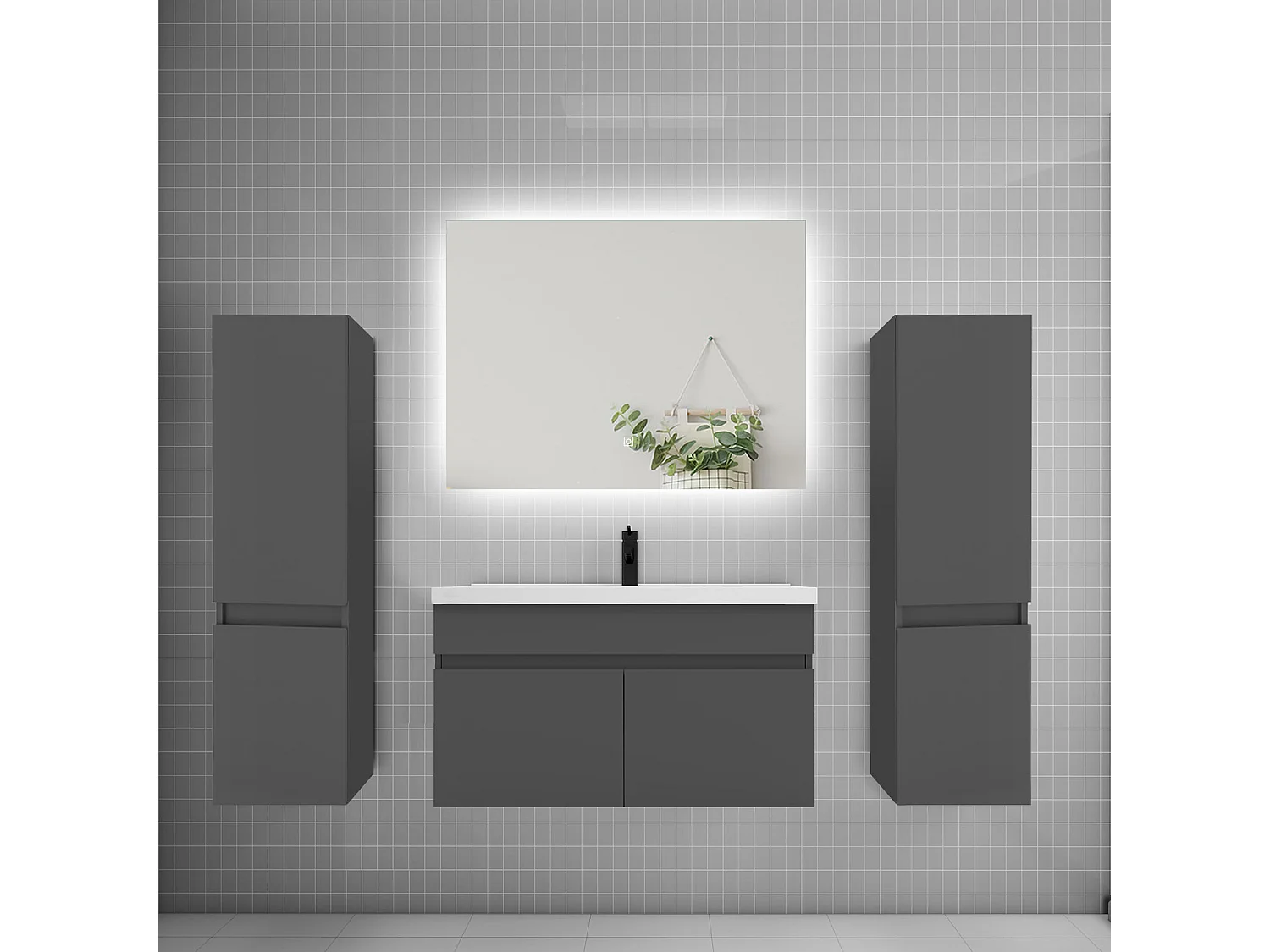 Ensemble meuble vasque L.80cm lavabo + colonne + miroir 80cm,anthracite