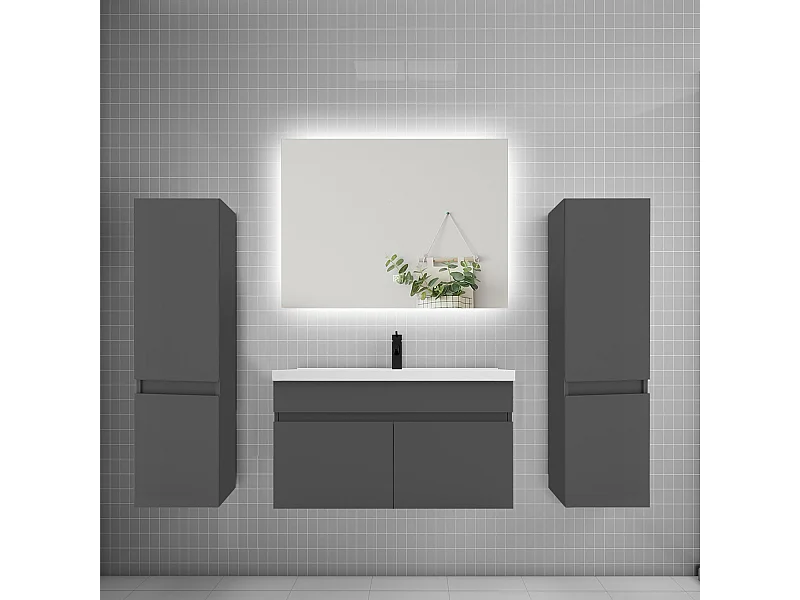 Ensemble meuble vasque L.80cm lavabo + colonne + miroir 80cm,anthracite
