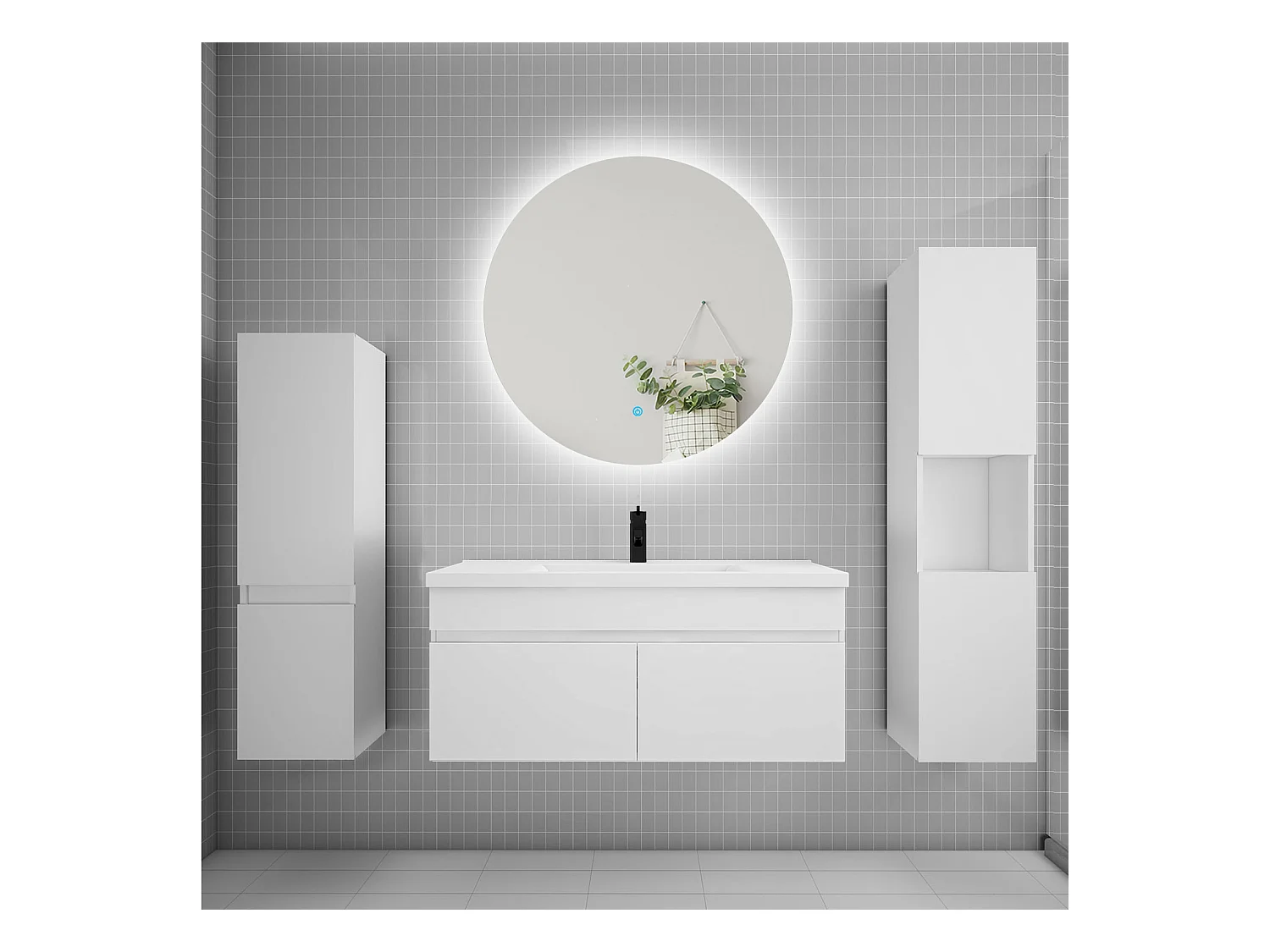 Ensemble meuble vasque L.100cm lavabo + colonne + miroir rond mural 100cm,blanc