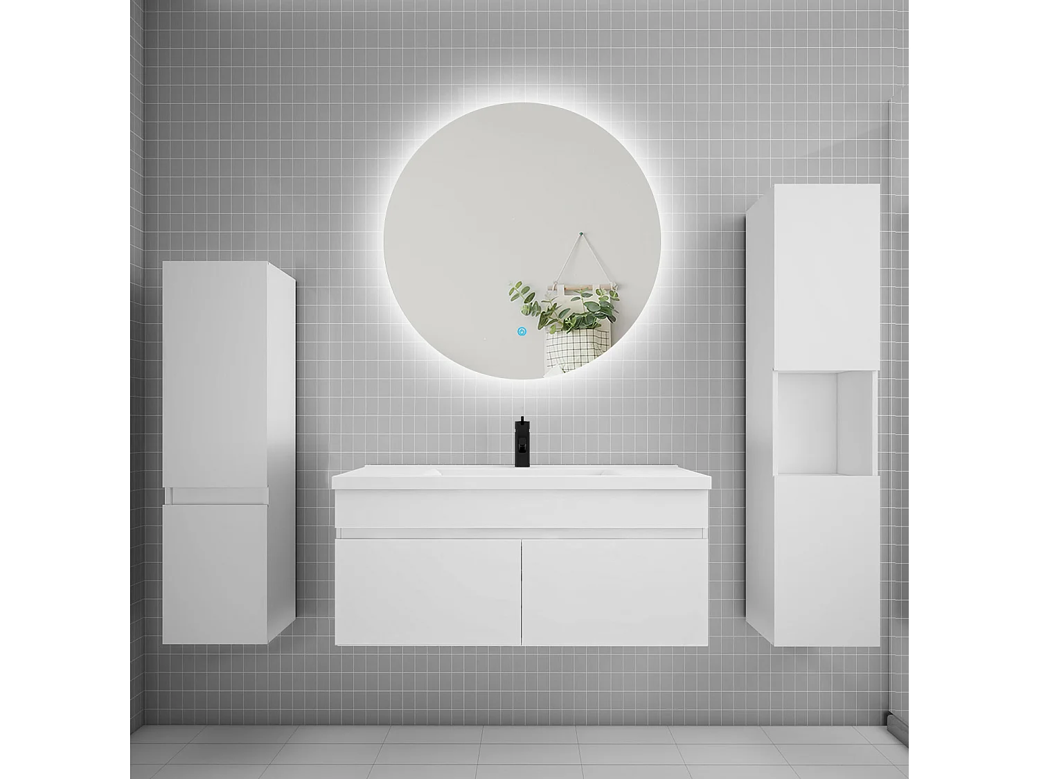 Ensemble meuble vasque L.100cm lavabo + colonne + miroir rond mural 100cm,blanc