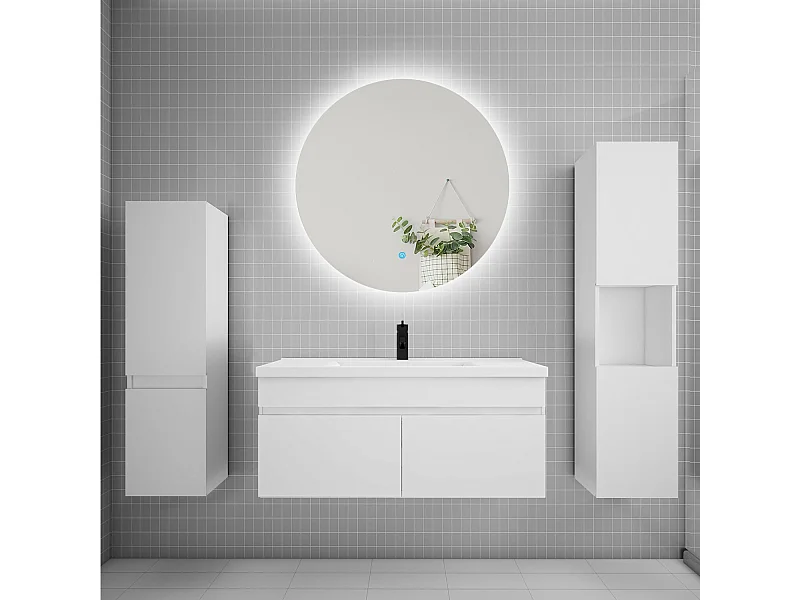 Ensemble meuble vasque L.100cm lavabo + colonne + miroir rond mural 100cm,blanc