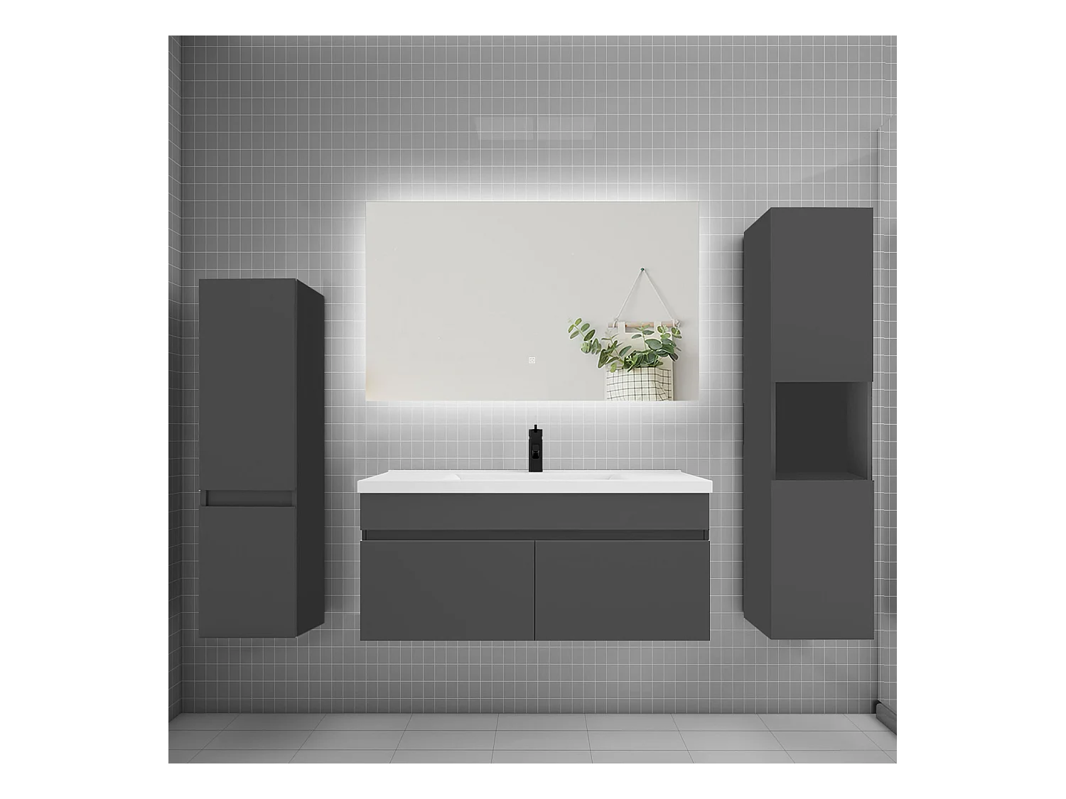Ensemble meuble vasque L.100cm lavabo + colonne + miroir mural 100cm,anthracite