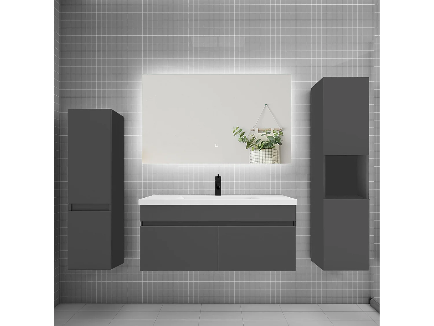 Ensemble meuble vasque L.100cm lavabo + colonne + miroir mural 100cm,anthracite