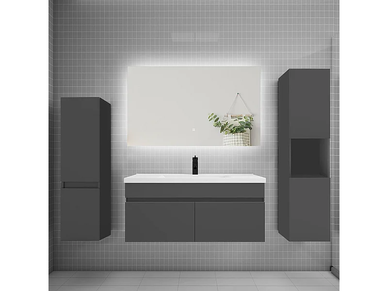 Ensemble meuble vasque L.100cm lavabo + colonne + miroir mural 100cm,anthracite