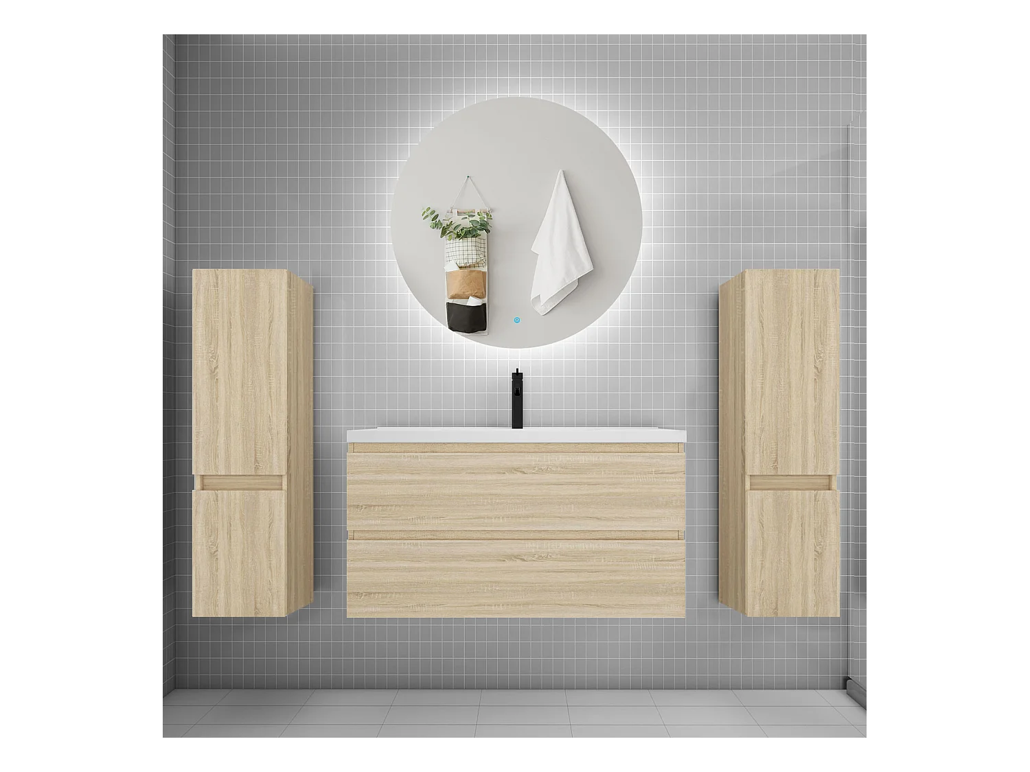 Ensemble meuble vasque L.100cm 2 tiroirs + lavabo + colonne + miroir rond 100cm,chêne