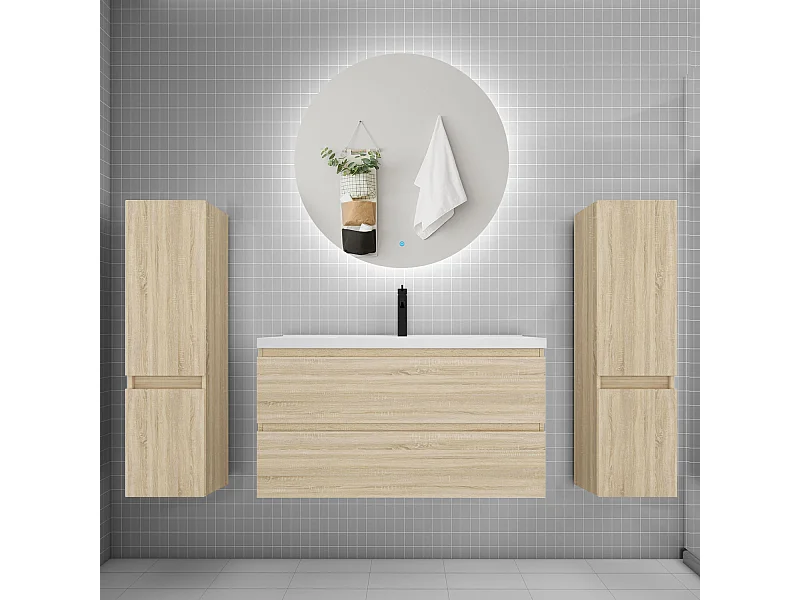 Ensemble meuble vasque L.100cm 2 tiroirs + lavabo + colonne + miroir rond 100cm,chêne