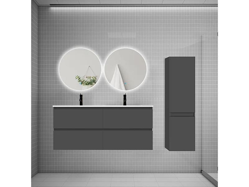 Ensemble meuble double vasque 120cm 2 tiroirs + lavabo + colonne + miroir rond,anthracite