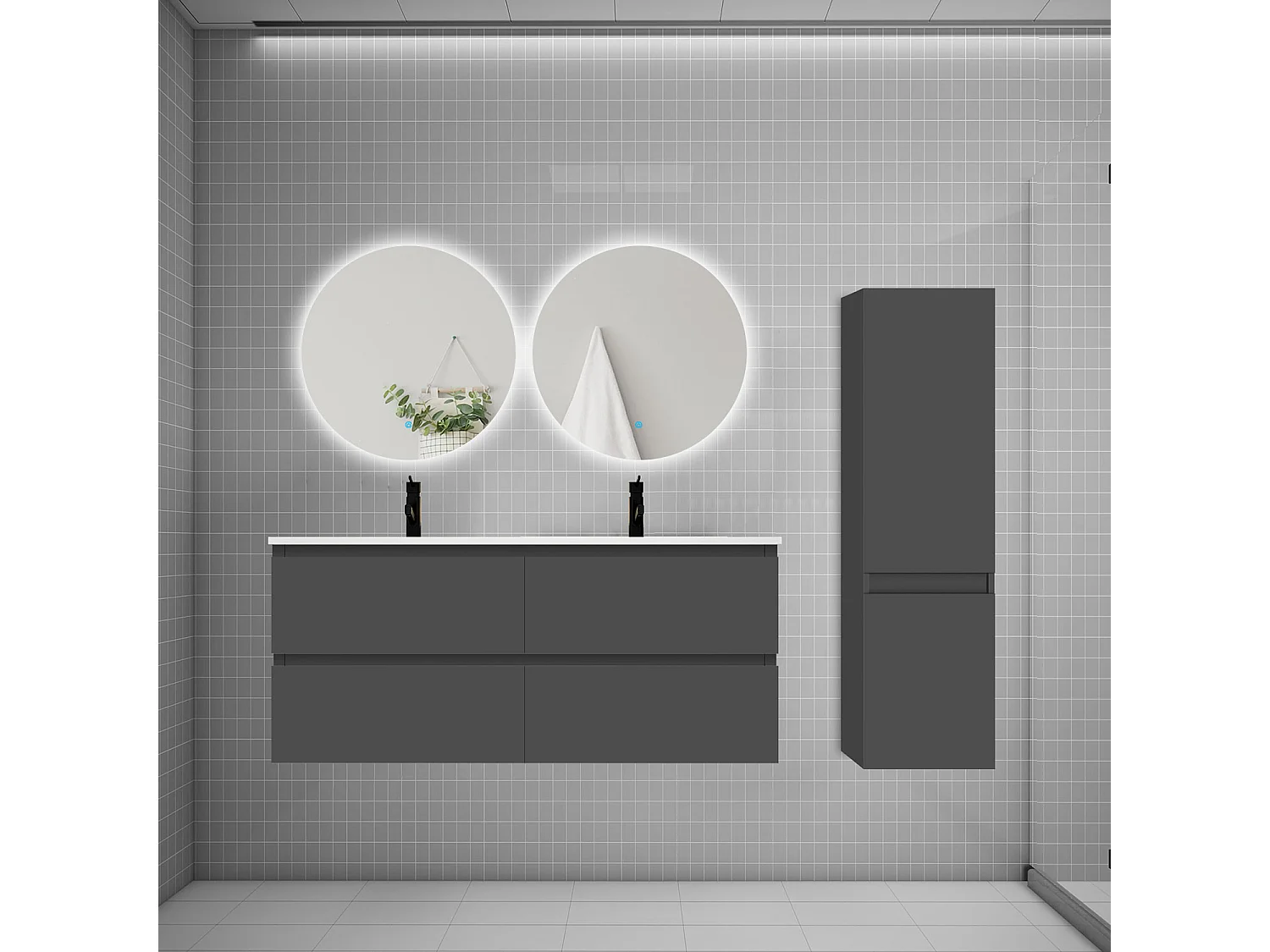Ensemble meuble double vasque 120cm 2 tiroirs + lavabo + colonne + miroir rond,anthracite