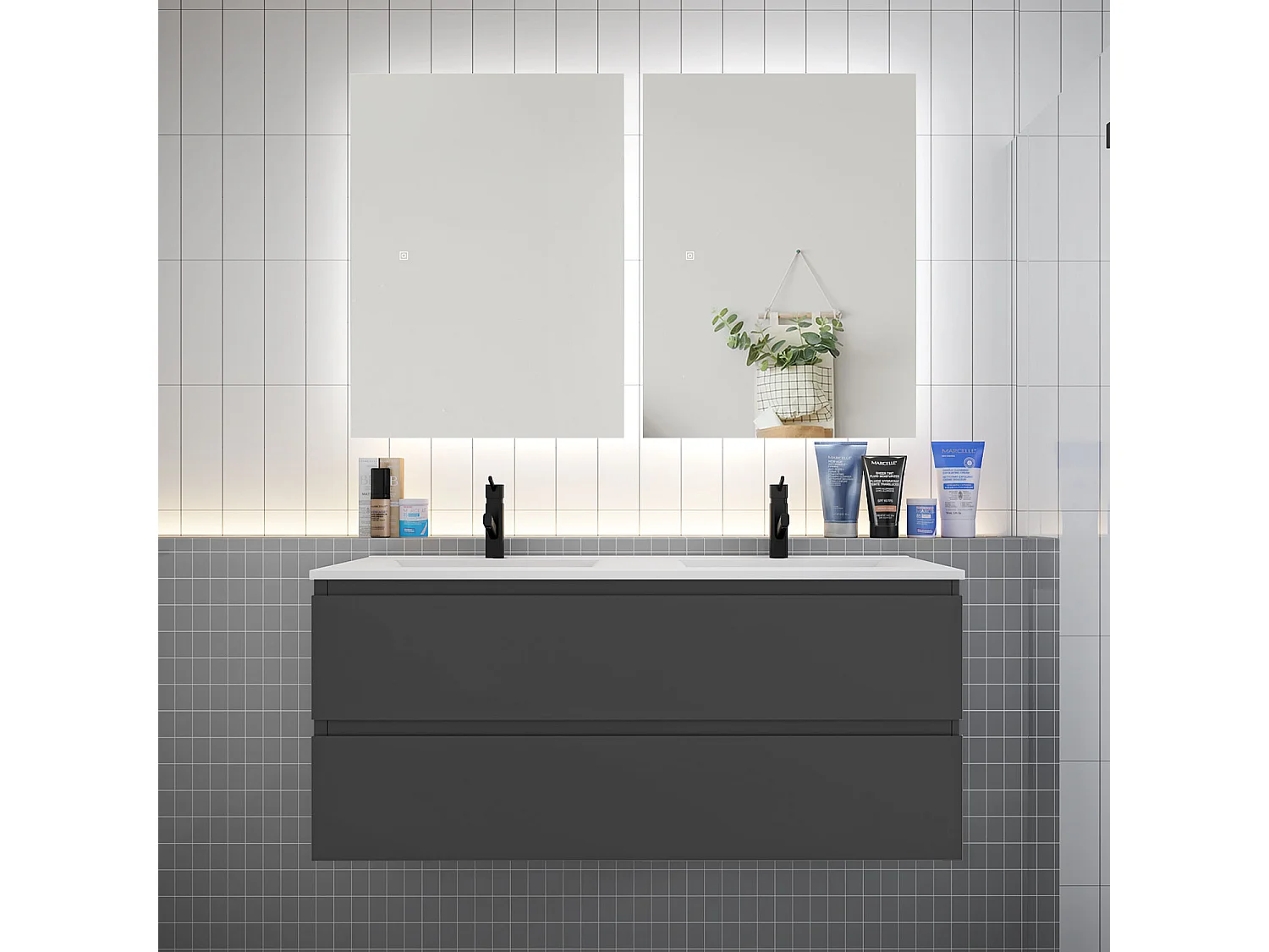 Ensemble meuble vasque L.120cm 2 tiroirs + lavabo + LED miroir 60cm,anthracite