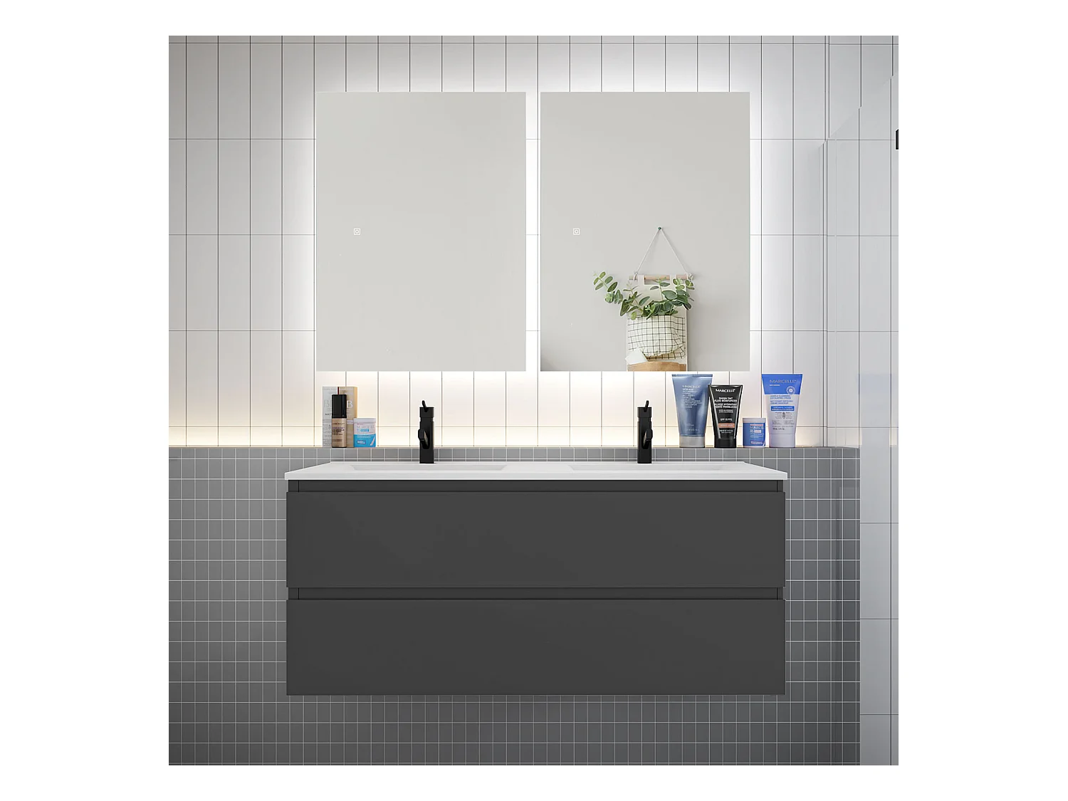 Ensemble meuble vasque L.120cm 2 tiroirs + lavabo + LED miroir 60cm,anthracite