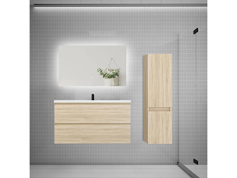 Ensemble meuble simple vasque 100cm 2 tiroirs + lavabo + colonne + miroir,chêne