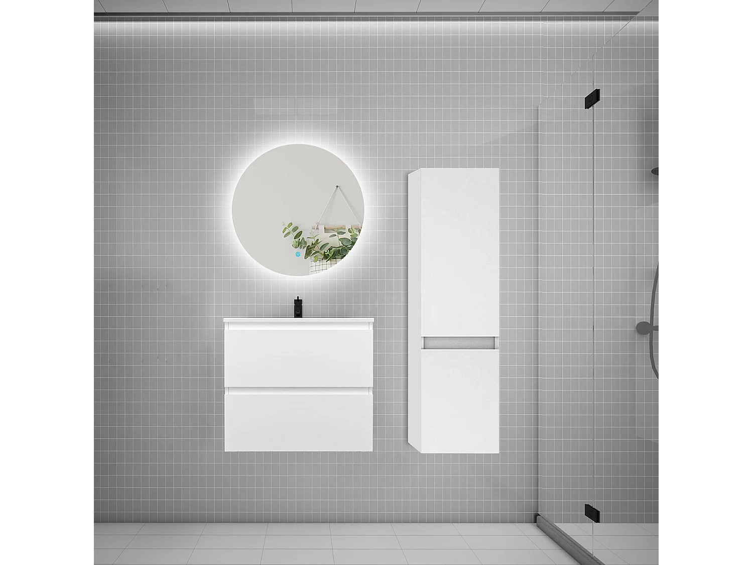 Ensemble meuble simple vasque 60cm 2 tiroirs + lavabo + colonne + miroir rond,blanc