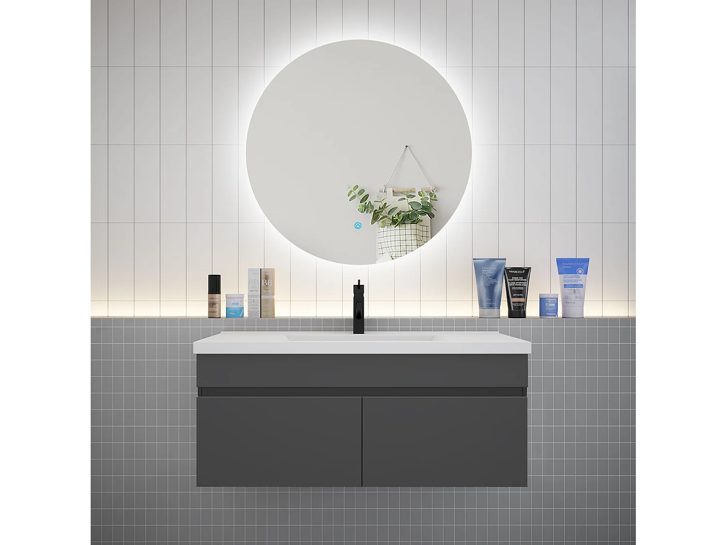 Ensemble meuble vasque L.100cm lavabo + LED miroir rond 100cm,anthracite