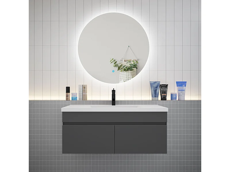 Ensemble meuble vasque L.100cm lavabo + LED miroir rond 100cm,anthracite