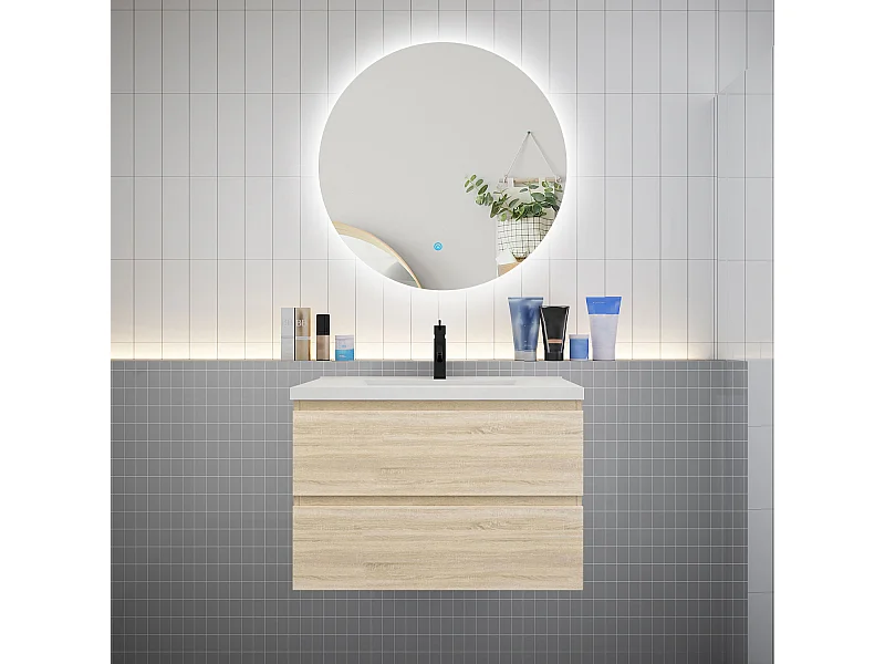 Ensemble meuble vasque L.80cm 2 tiroirs + lavabo + LED miroir rond 80cm,chêne