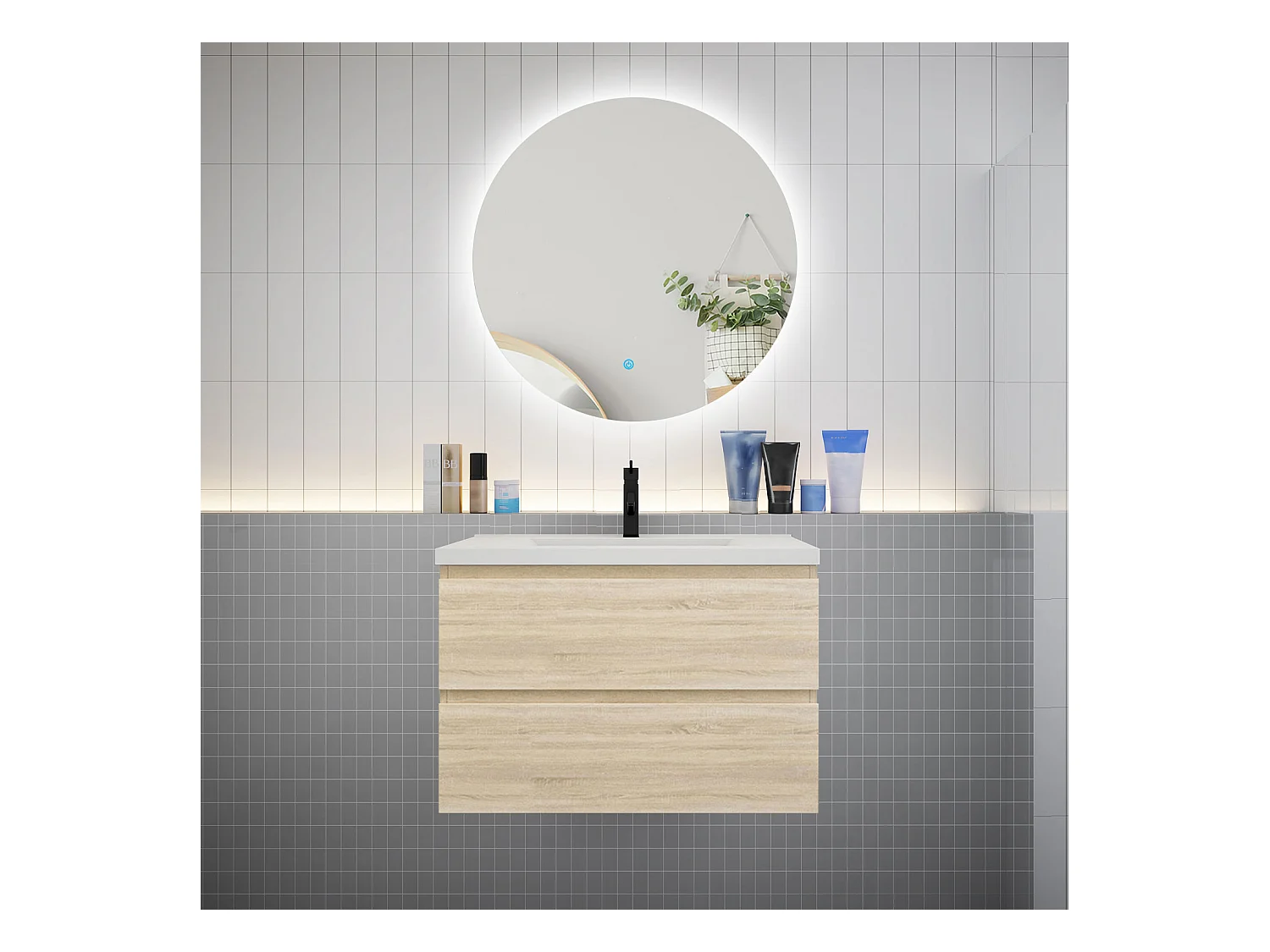 Ensemble meuble vasque L.80cm 2 tiroirs + lavabo + LED miroir rond 80cm,chêne