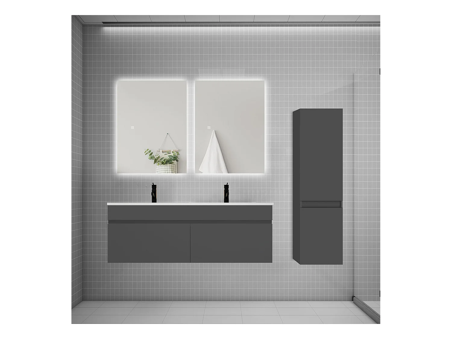 Ensemble meuble double vasque 120cm lavabo + colonne + miroir,anthracite