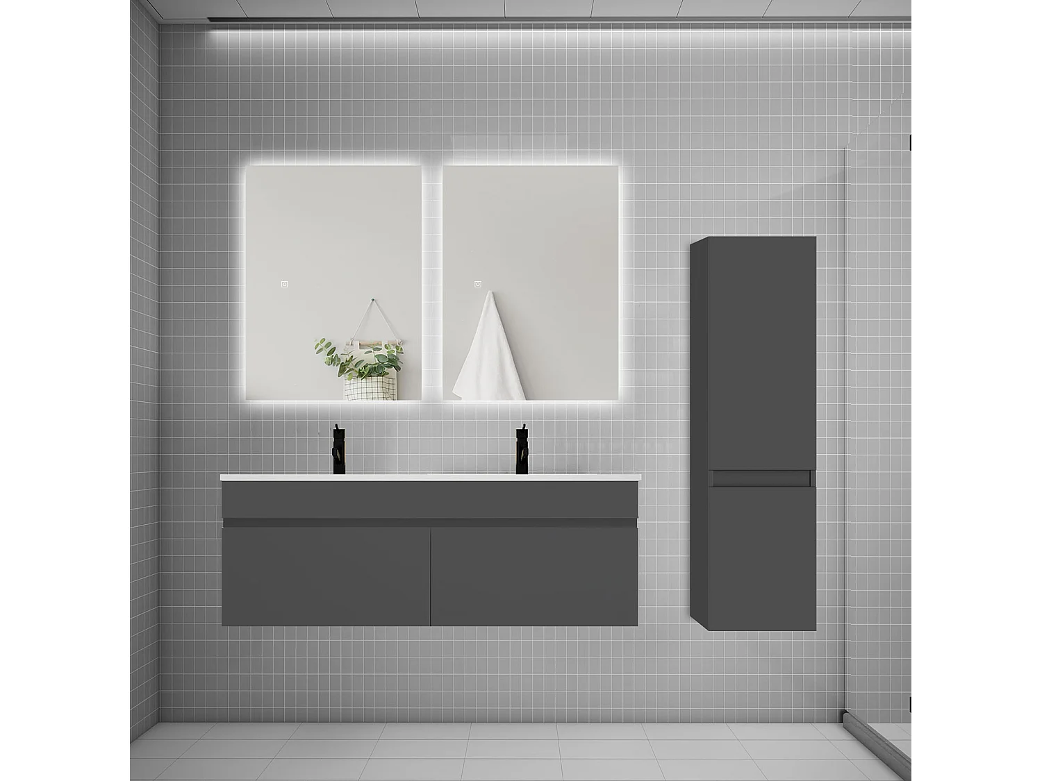 Ensemble meuble double vasque 120cm lavabo + colonne + miroir,anthracite