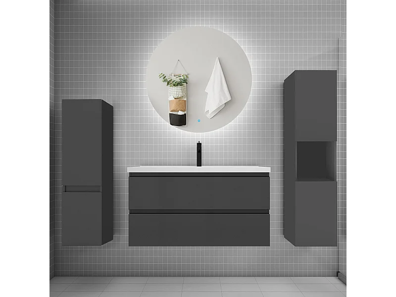 Ensemble meuble vasque L.100cm 2 tiroirs + lavabo + colonne + miroir rond mural 100cm,anthracite
